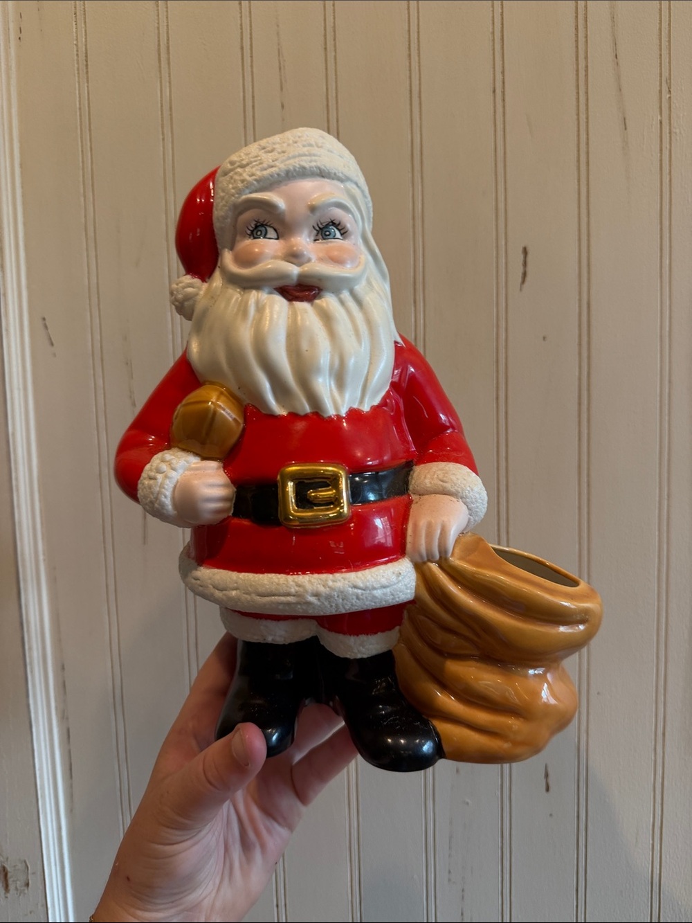 Santa Claus Candy Cane Holder Planter Ceramic Mold Hand Painted Vintage